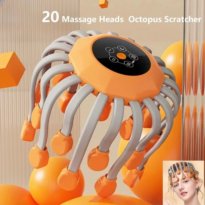 20Massage Heads Orange Scalp Head Massager Red Light Vibrator Octopus Scratcher for Relaxation Stress Migraine